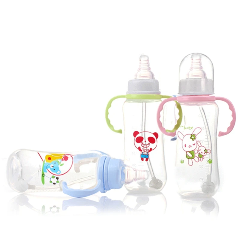 

280ml Baby Bottle Kids Cup Children Training Cups Cute Baby Drinking Water Straw Handle Feeding Bottle Color Random