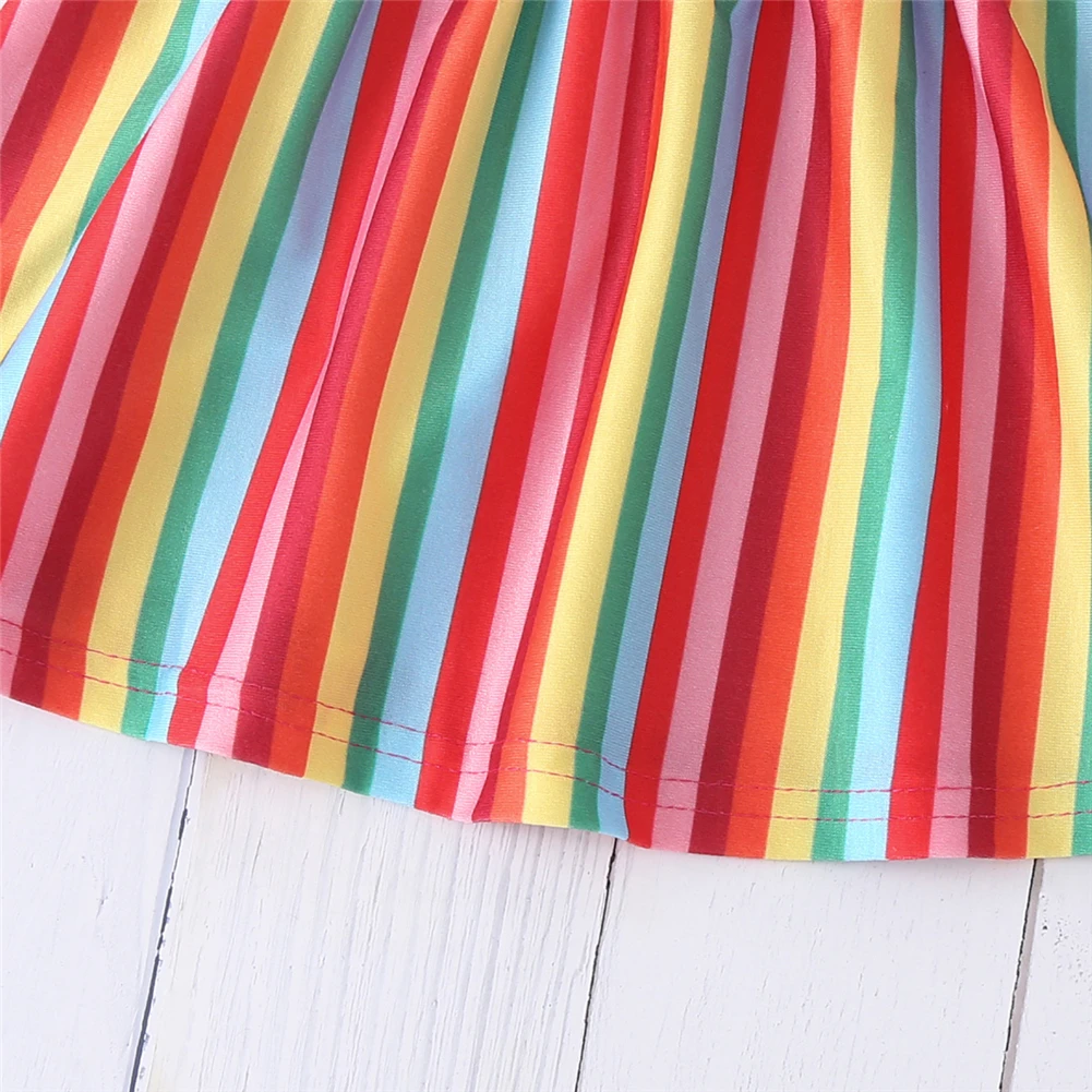 

Mudkingdom Toddler Girls Rainbow Stripe Dress Colorful Summer Holiday Summer Rainbow Stripe Round Neck Floral Sleeve Dress
