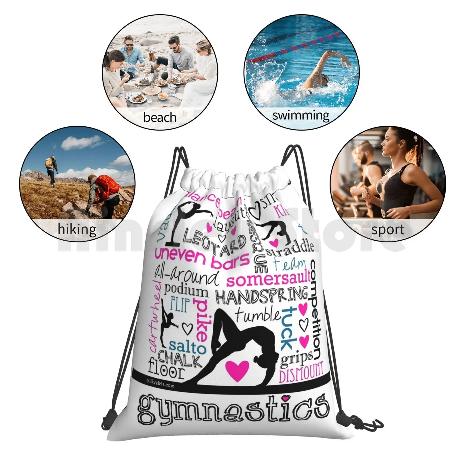 

Gymnastics Tri-Color Typography Backpack Drawstring Bags Gym Bag Waterproof Gymnastics Gymnast Sports Womens Gymnastics