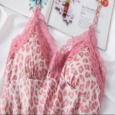 

2 Piece Sexy Thin Ice Silk Nightgown With Breast Pad Summer Lace Home Wear For Ladies Leopard Print Halter Nightdress Nightgown