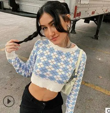 

Y2K Vintage Women Knitting Shirt Long Sleeve Round Neck Tops Diamond Loose Fall Winter Sweater Spring Autumn