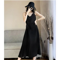 new female 2022 chun xia long black chiffon skirt with shoulder straps dress tide temperament inside take render long skirt