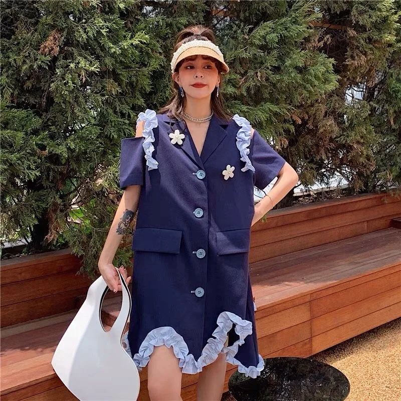 

2021 Korean Casual Blue Vacation Fashion Dress Summer Irregular Loose Dress Short Sleeve Off Shoulder Short Suit Dress Female