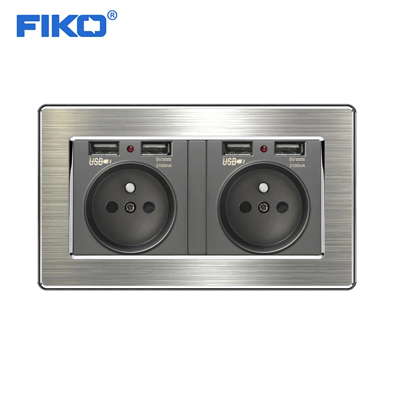 

FIKO 16A FR EU two gang stainless steel panel 16A French socket with dual USB Household wall power standard 146mm*86mm