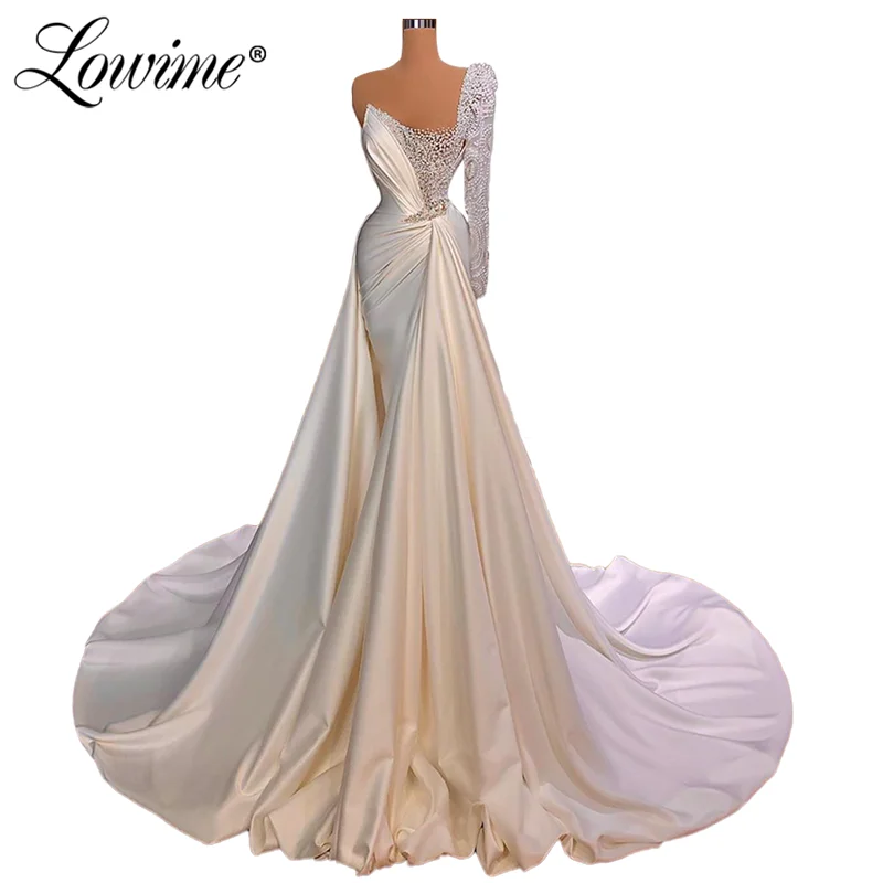Lowime Luxury Pearl Beaded Long Evening Dresses Formal One Shoulder Middle East Women Party Gowns For Weddings Prom Dress Robes
