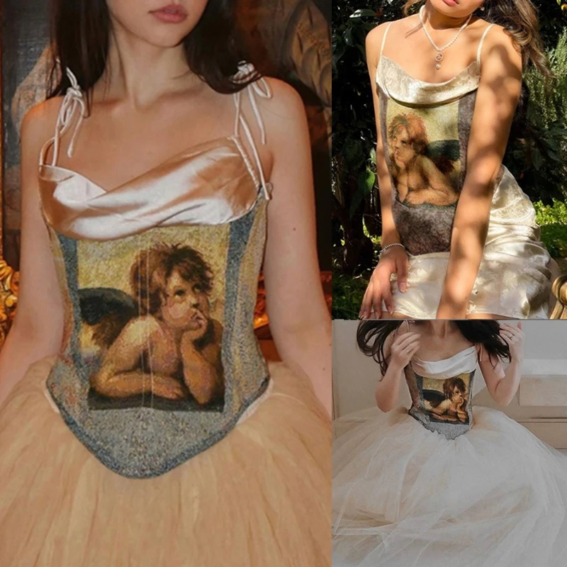 

Women Summer Sexy Off Shoulder Corset Tube Top Strapless Backless Lace-Up Bustier Camisole Retro Angel Graphic Boned Hem Overbus