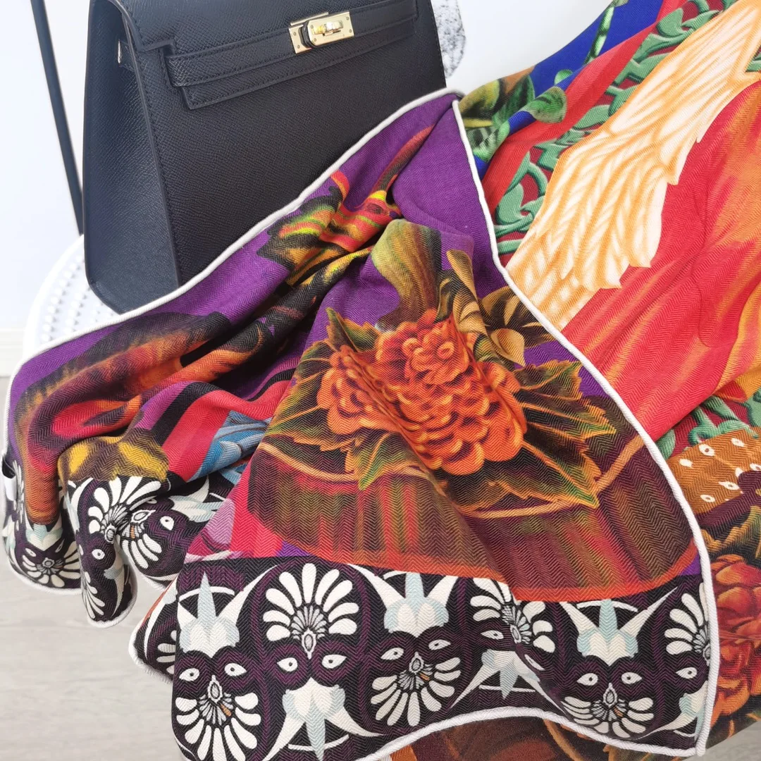 

70% Cashmere 30% Silk Scarf Thin Shawl Women Fashion Angel Print Kerchief Stole Oversize Blanket Bandana 135*135cm