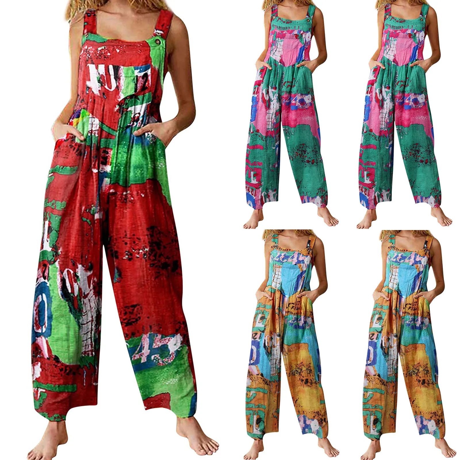 

Summer Bohemian Jumpsuit Women Elegance Fashion Elegant Ethnic Style Patchwork Vintage Printed Buttons Jumpsuits Outfits