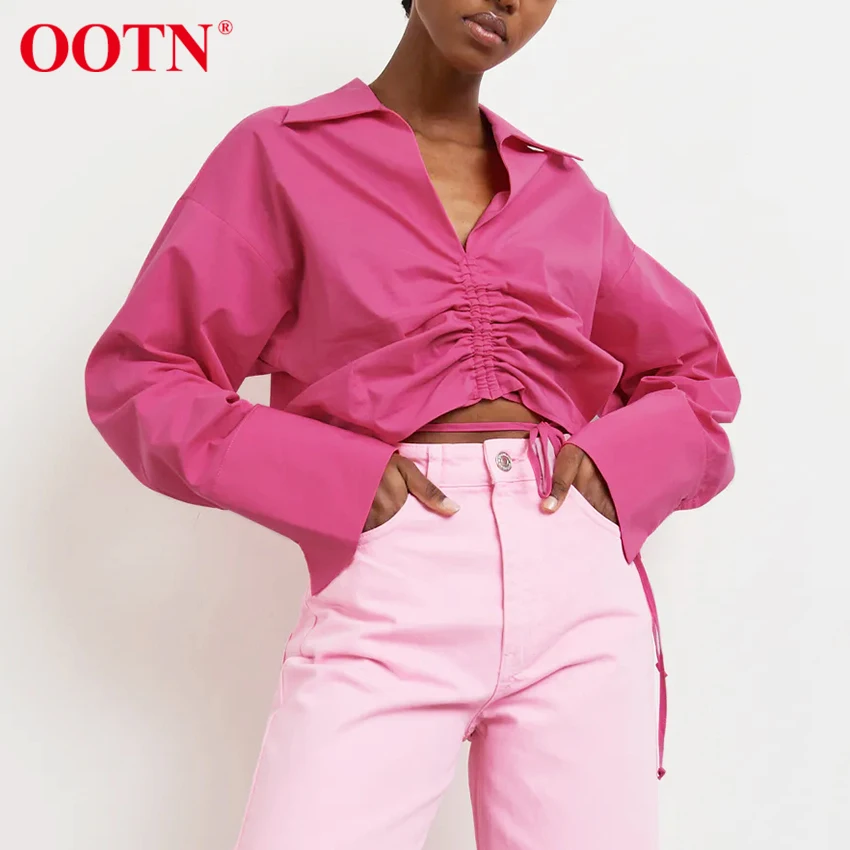 

Женские блузки с рюшами OOTN, с v-образным вырезом, на шнуровке, с длинным рукавом, пуловер из хлопка, свободная, короткая, осенняя, женская руба...