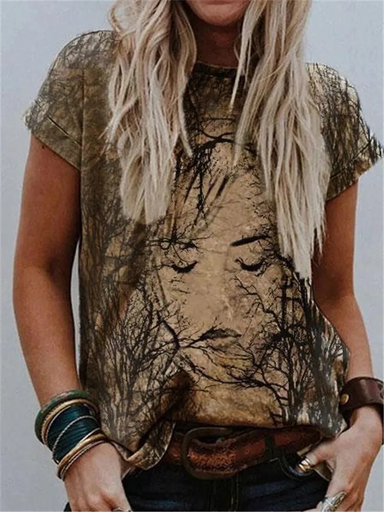 

Khaki Beauty Face Branches Print Vintage T Shirt Women Short Sleeve O Neck Harajuku French Kawaii Clothes 2021 Summer Plus Size