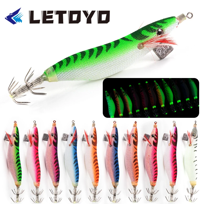 

LETOYO Squid Jigging Fishing Lure 12g 75mm Wood Shrimp Bait With Hook Artificial Luminous Saltwater Octopus Sea 2021