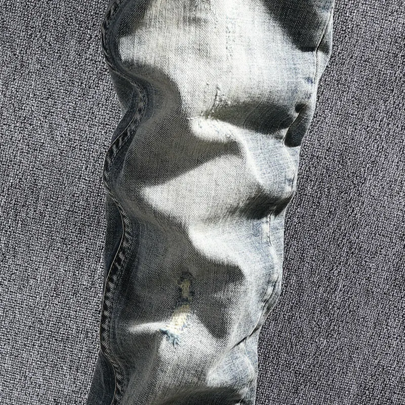 European Vintage Fashion Men Jeans Retro Blue Distressed Washed Elastic Ripped Jeans Men Slim Fit Designer Casual Denim Pants