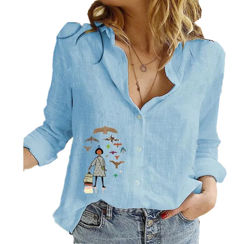

Elegant Turn-Down Collar Cotton Linen Women Shirts Long Sleeve Plus Size 5XL Casual Work Wear Blouses