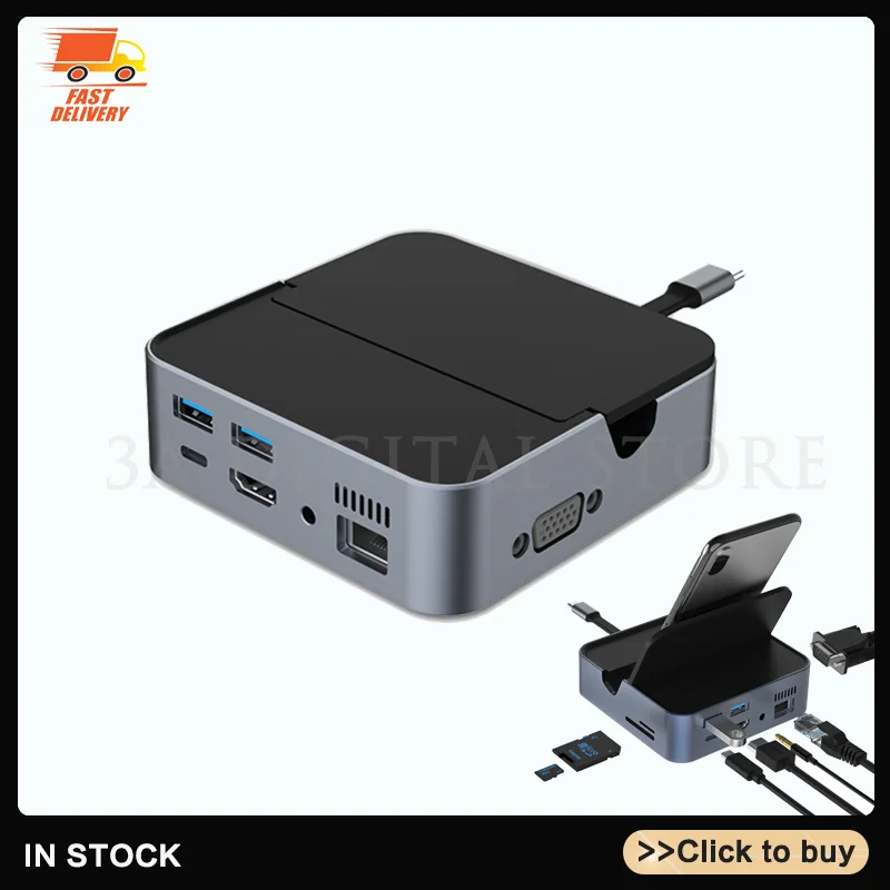 

USB C Hub 9 In 1 Type C 3.1 To 4K HDM Adapter With RJ45 SD/TF Card Reader PD Fast Charge With Holder USB Dock For MacBook Pro