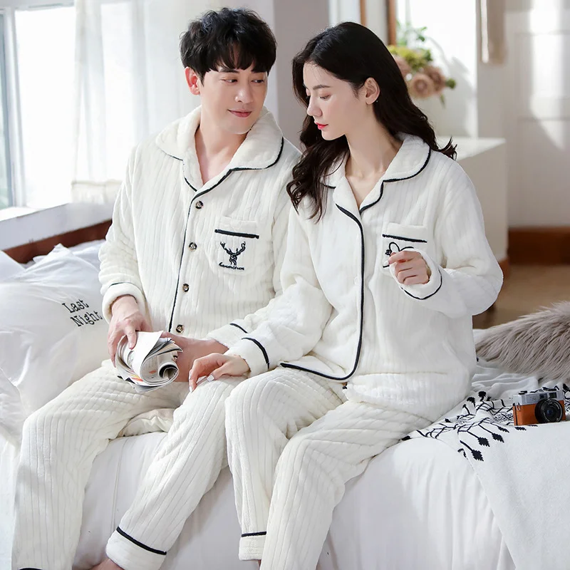 Flannel Pajamas Women Long Sleeved Coral Velvet Autumn Winter Lovers Plush Thickened Men's Home Clothes Suit Straight Hair