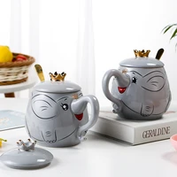 cartoon stereo relief elephant ceramic coffee mug with lid spoon home office school milk tea water mugs drinkware cup gifts