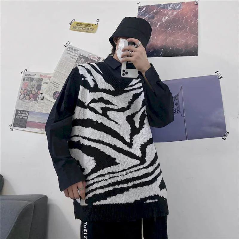 

streetwear punk vest women men topsTrend hip-hop street black and white zebra pattern sleeveless knitted vest sweater vest