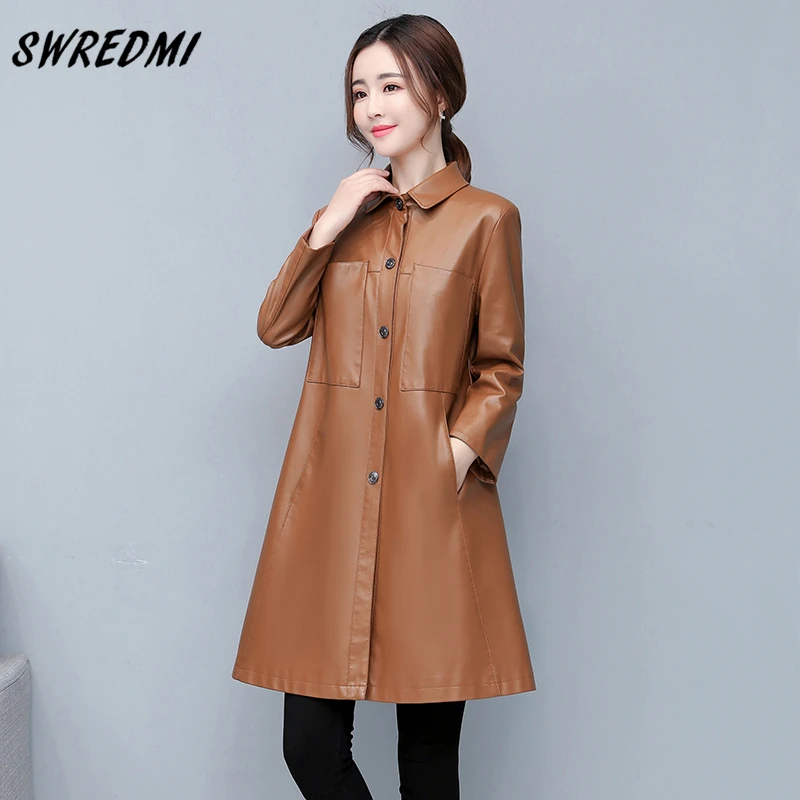 Long Leather Trench Female Slim Fashion Pockets Coat Women Spring High Street Jackets Oversized 5XL Autumn Clothing SWREDMI