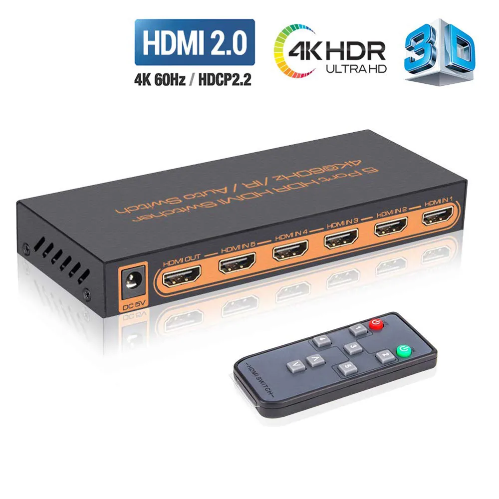 

4K@60Hz HDMI Switch 5x1 5 In 1 Out or 3x1 3 In 1 Out HDMI 2.0 Switcher with IR Remote Support HDCP 2.2 UHD HDR 3D 1080P