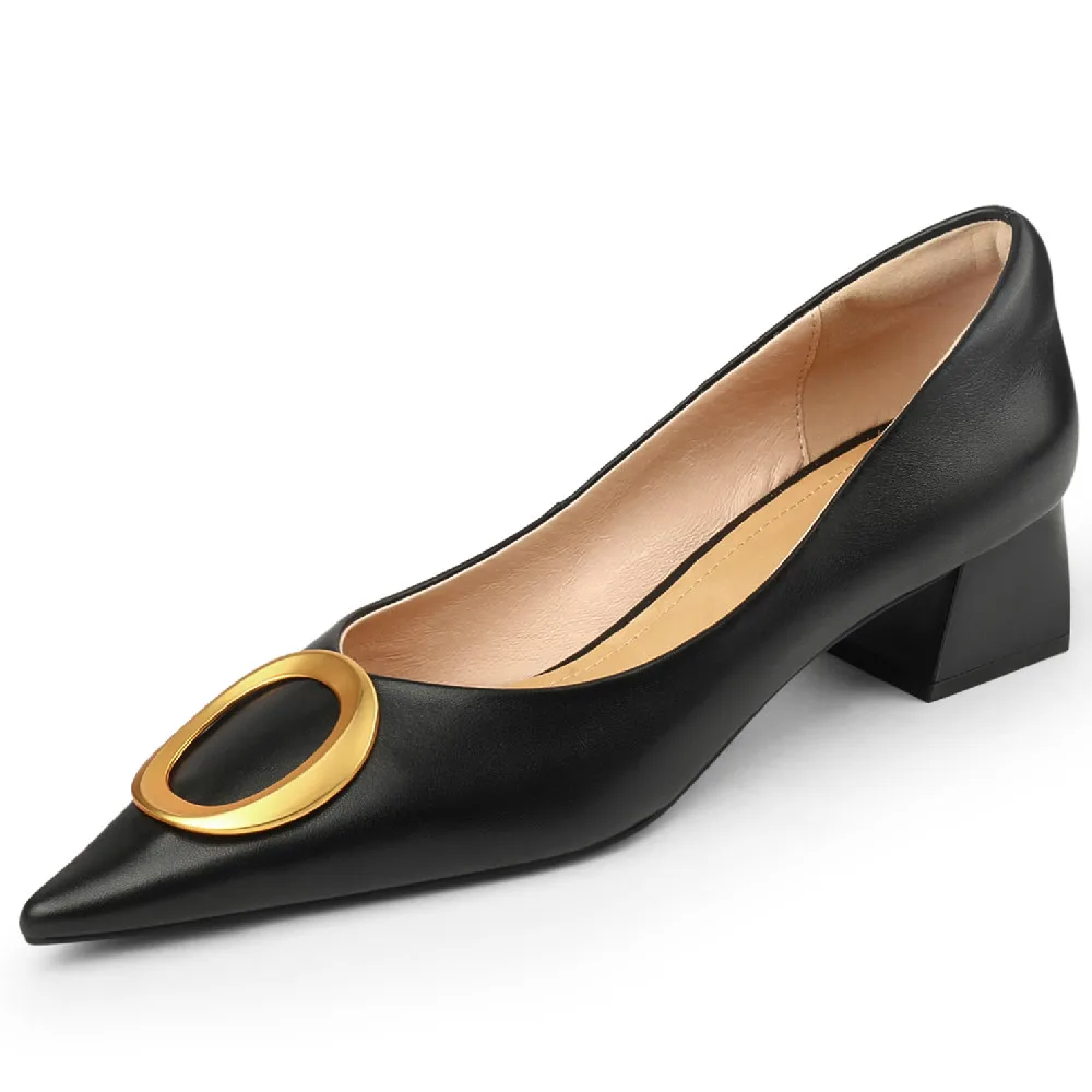 

Women's genuine leather thick med heel pointed toe slip-on pumps soft comfortable OL style metal decoration heels daily shoes