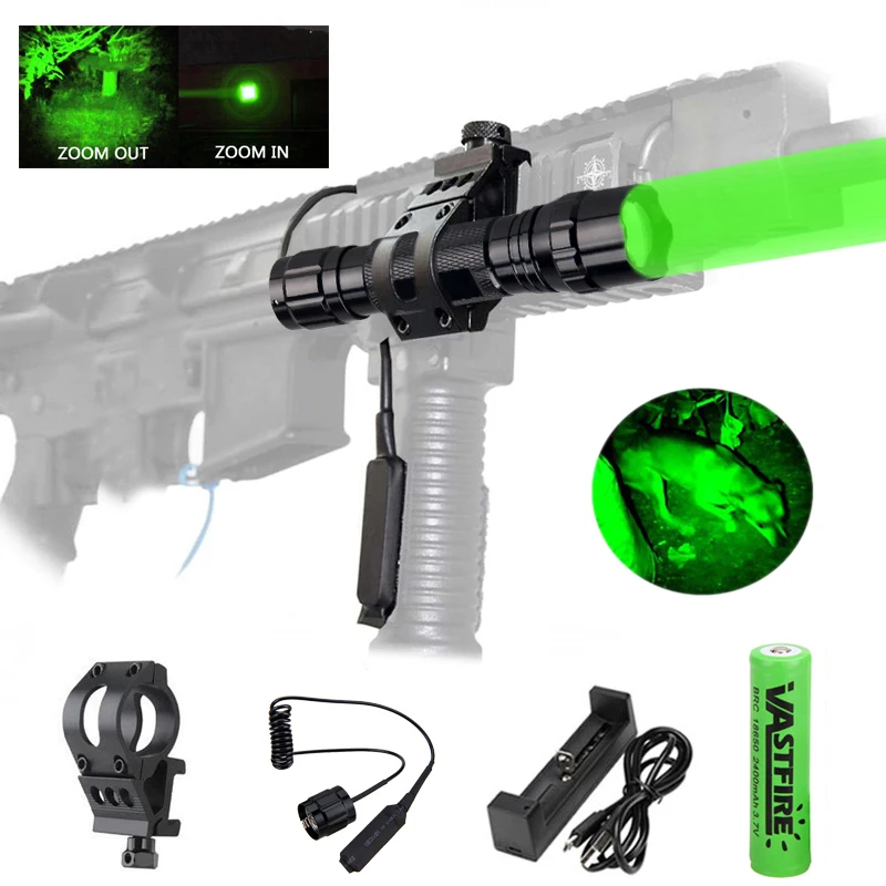 

300 Yards Zoomable Led Lanterna Green Tactical Flashlight Predator Varmint Hog Hunting Torch+18650+Charger+Remote Switch+Mount