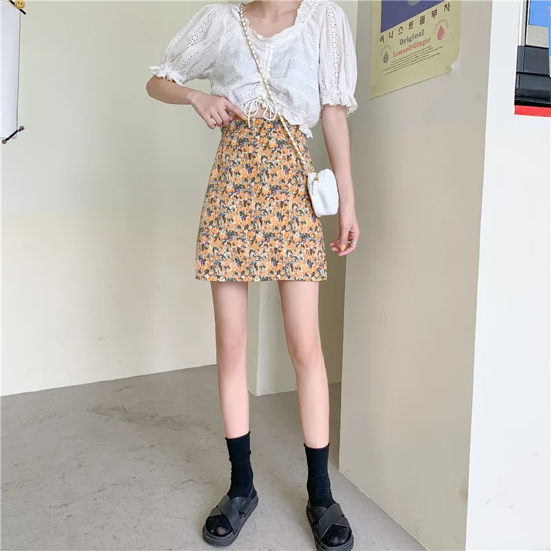 

HOUZHOU Sweet Floral Skirts for Women High-waisted A-line Mini Skirt Summer Kawaii School Girls Plus Size 2020 Fashion Ladies