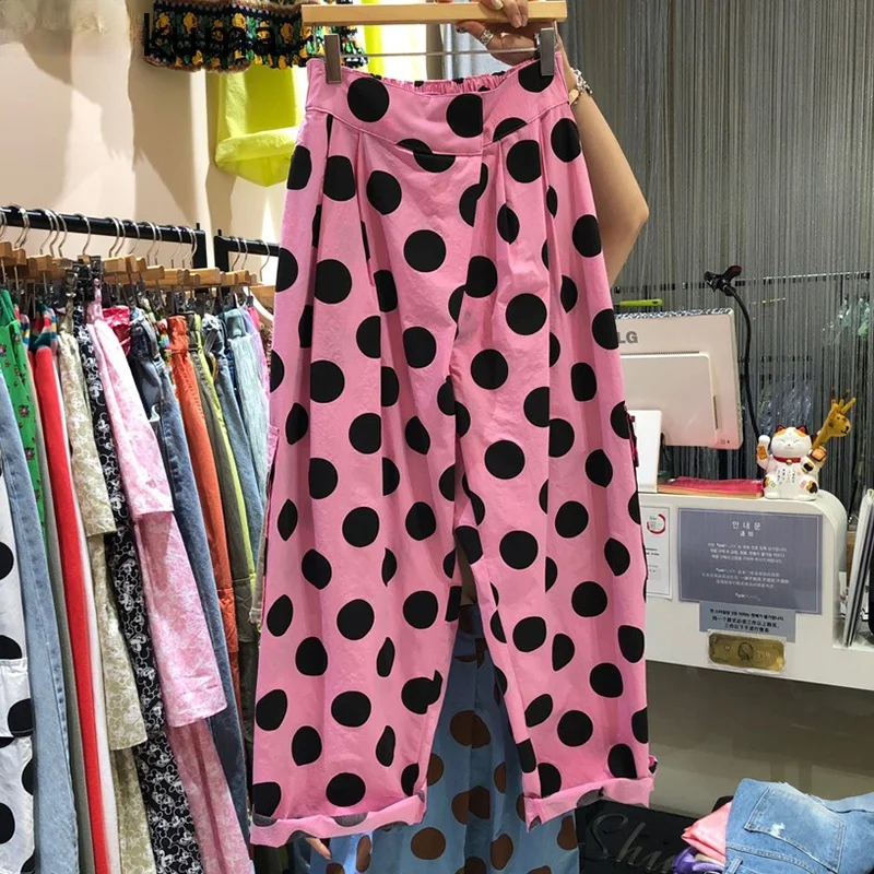 

2021 Fashion Elegant Korean Dot Woman Pants High Waist Causal Long Trousers Summer New Straight Pants Mujer