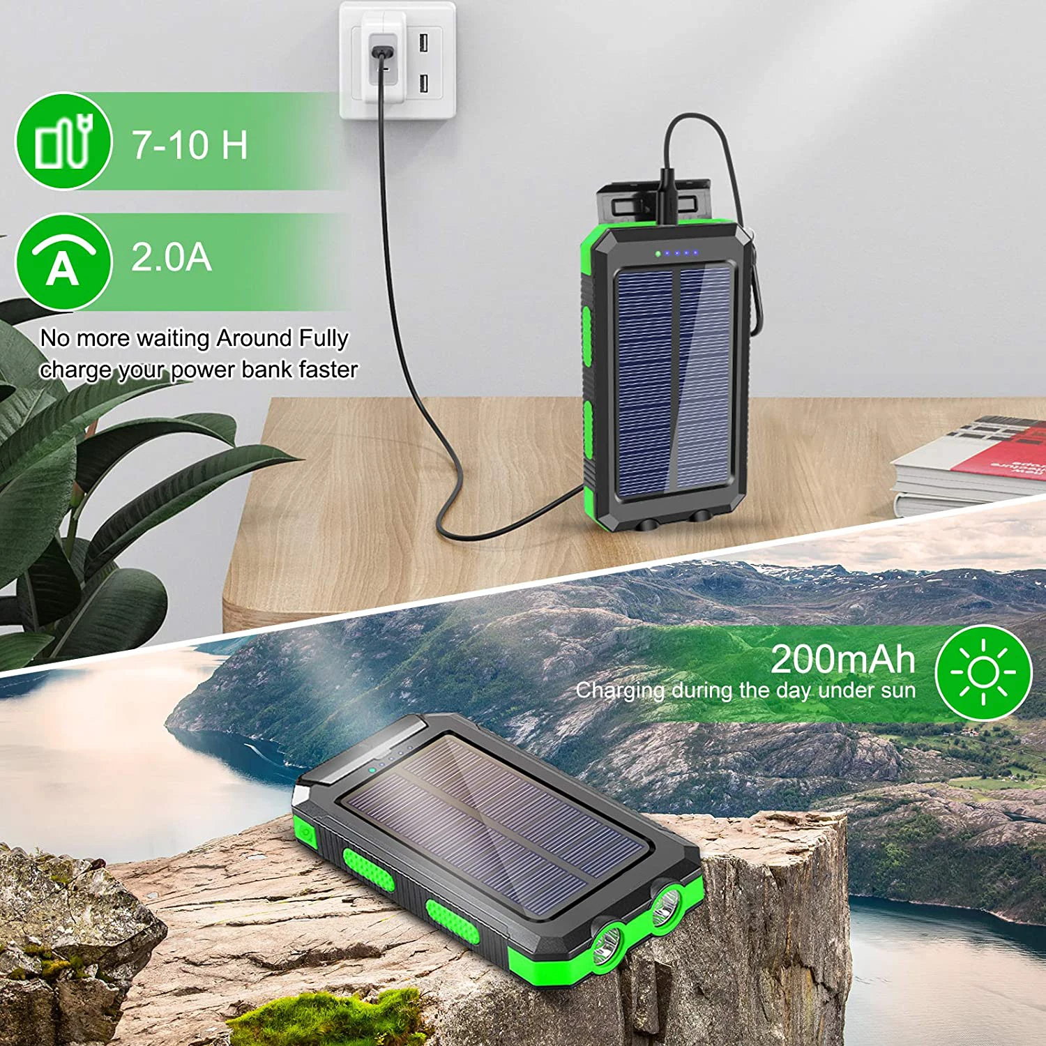 Online Peralatan Berkemah Bertahan Hidup Luar Ruangan 20000MAh Bank Pengisi Daya Surya Tahan Air Portabel Dengan Senter LED Untuk Petualangan