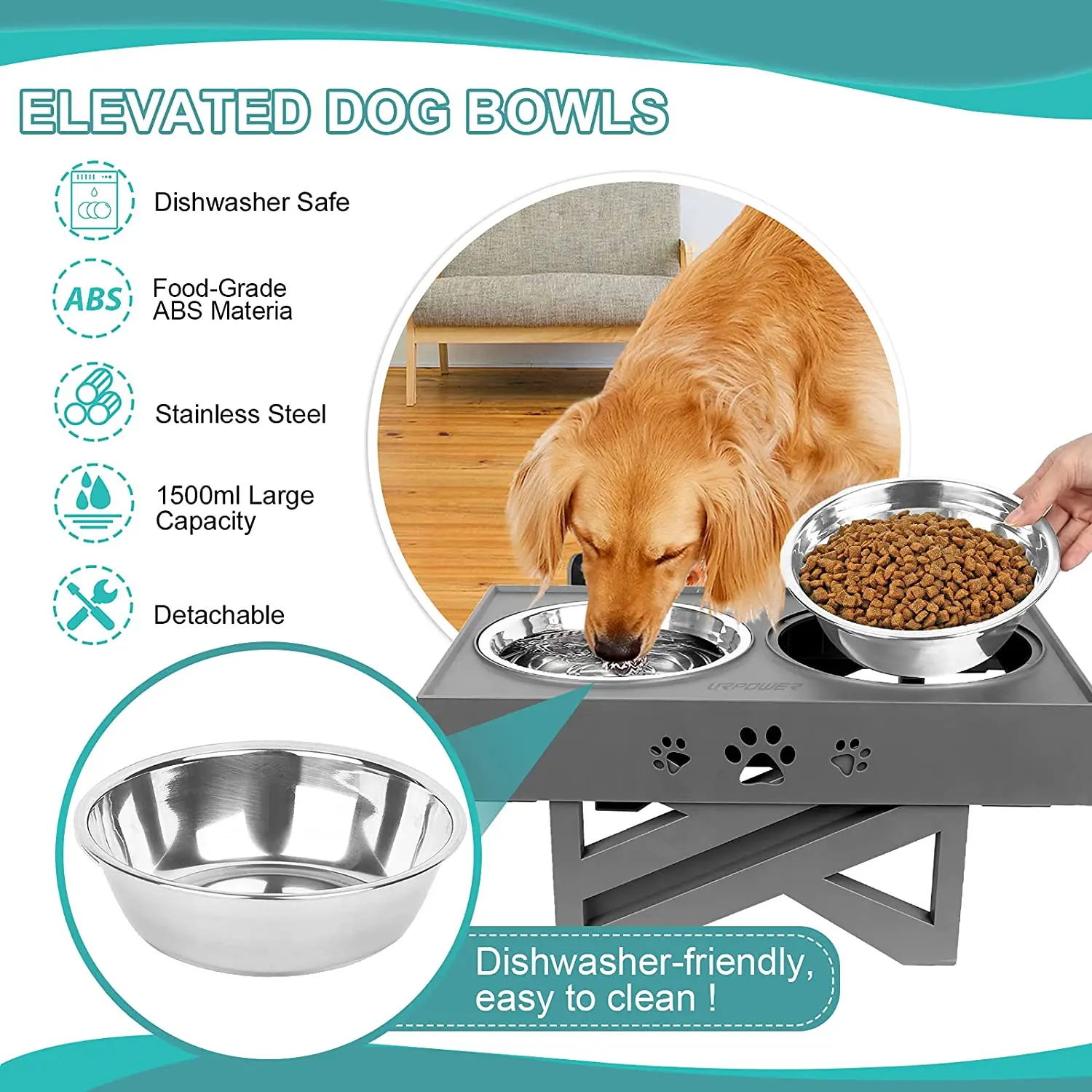 

Anti-slip Elevated Adjustable Dog Stainless Steel Double Bowl Food Water Bowl Feeder with Stand Feeding Double Bowls Lift Tabel