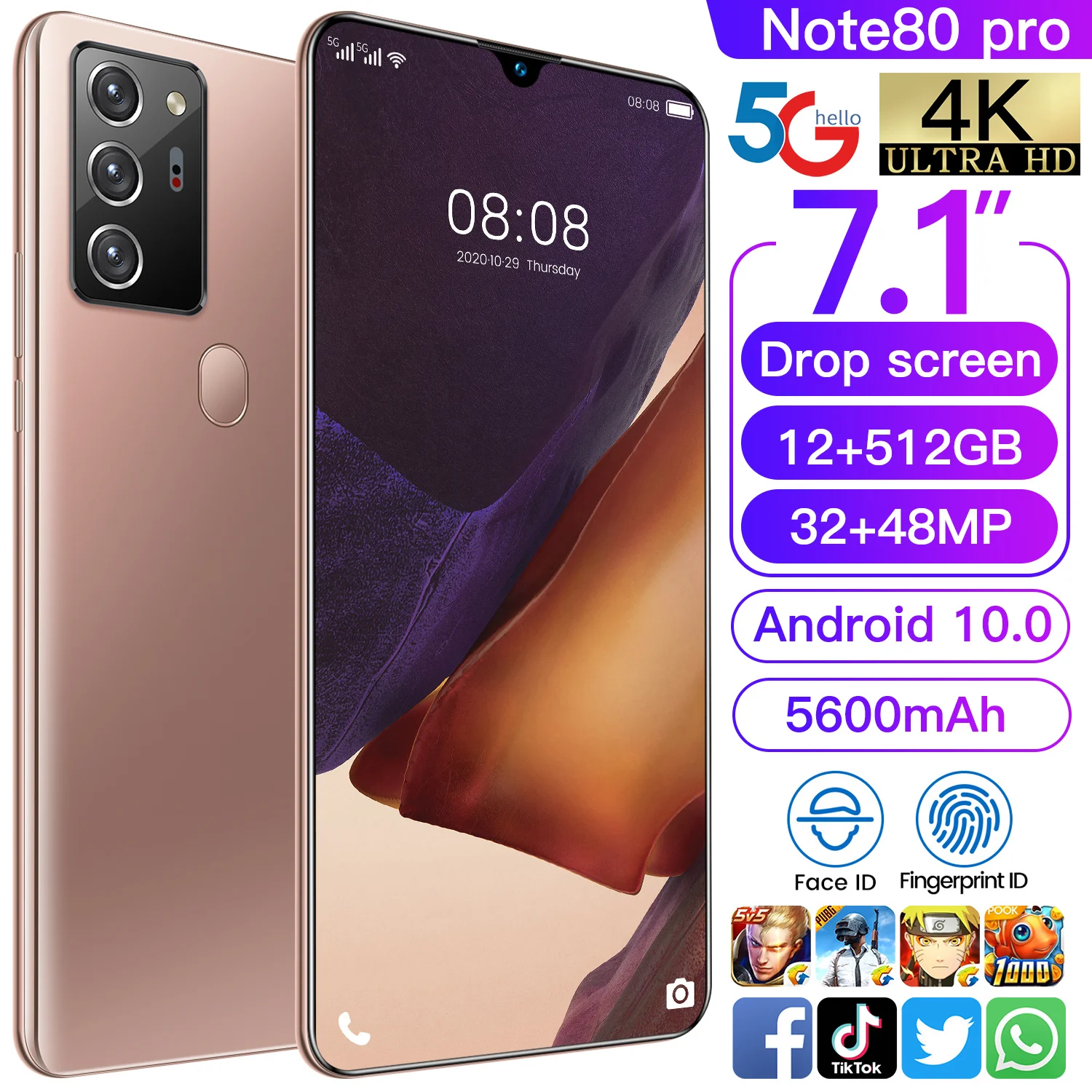 Cectdigi Note80 Pro смартфон 7 1 дюймов полный Экран 10 ядерный Процессор 5600 мА/ч 12 ГБ 512 5G
