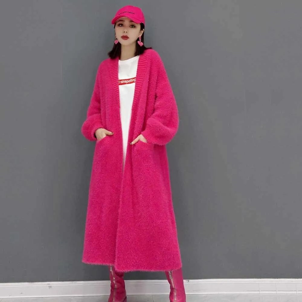 

Big Size Long Purple Knitting Cardigan Sweater Loose Fit V-Neck Long Sleeve Women New Fashion Autumn Winter 2022