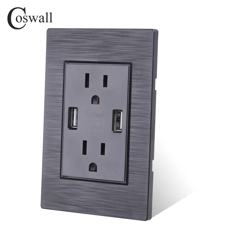 COSWALL US Standard 15A Double Socket With Dual USB Charging Port 2100mA Max. Output White Black Gold Silver AC 110V | Обустройство