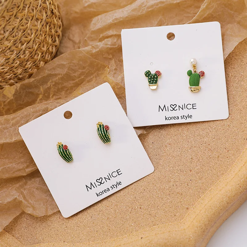 

Korean Style Cute Green Plant Cactus Statement Earrings for Women Girls Metal Asymmetric Drop Dangle Earrings Pearl Jewelry