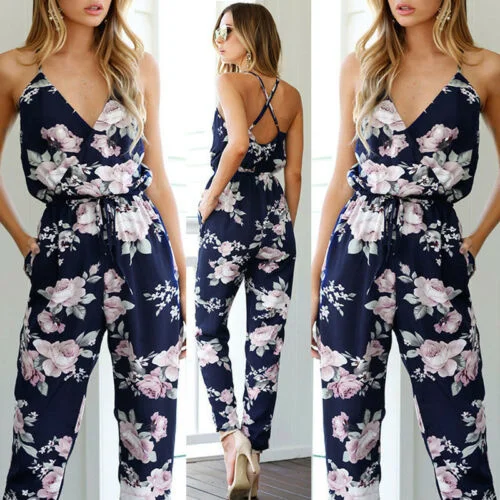 

2021 New Summer Women Ladies Playsuit Party Jumpsuit Neck Floral Bandge Romper High Waist Long Trousers Pants Clubwear