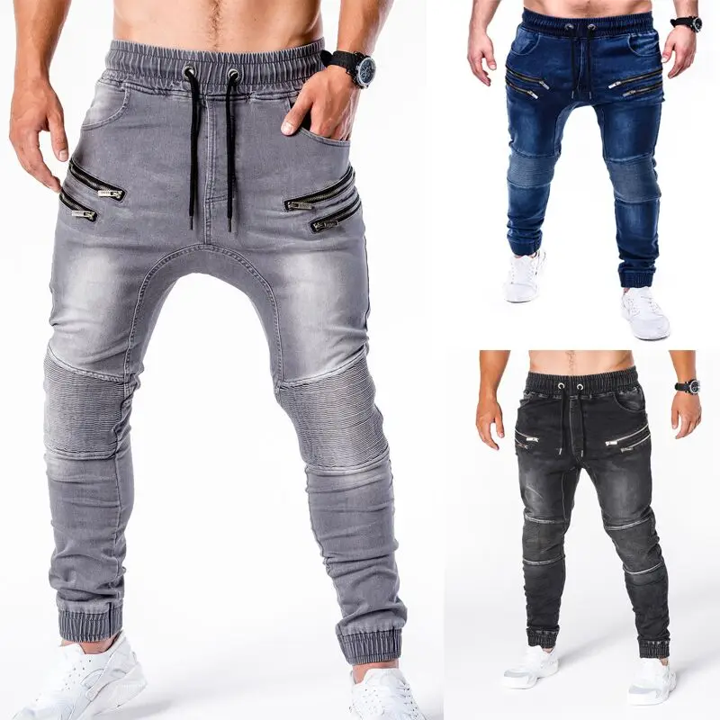 2020 new Jeans pants men's jeans casual running zipper stylish slim jeans pants hombr joggers masculino jean