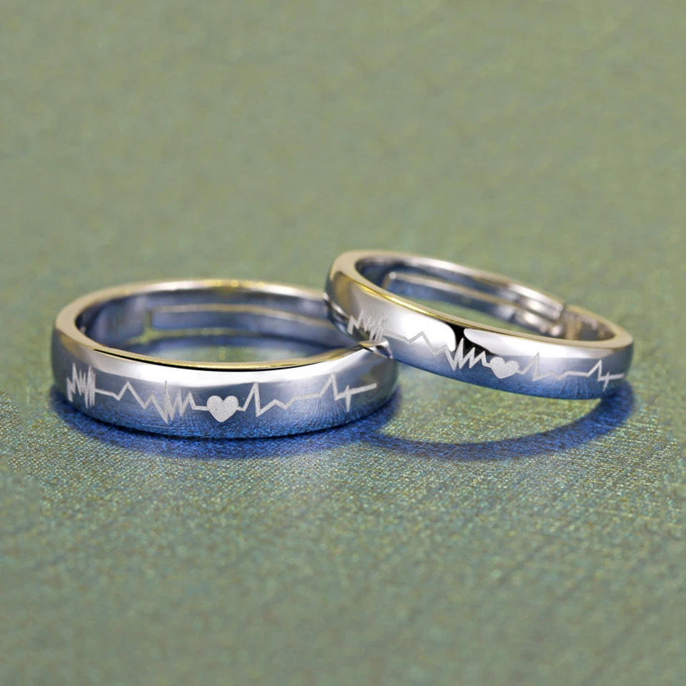 ECG Сердце Пара Кольца для влюбленных женщин мужчин серебряный цвет Открытый