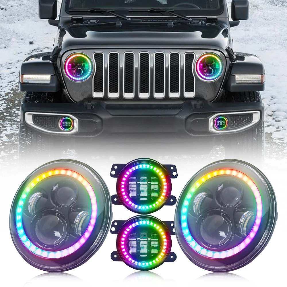 

7-дюймовые фары RGB с янтарным поворотным сигналом, 7-дюймовый светодиодный налобный фонарь + 4-дюймовые Противотуманные фары RGB с кольцом RGB Halo ...