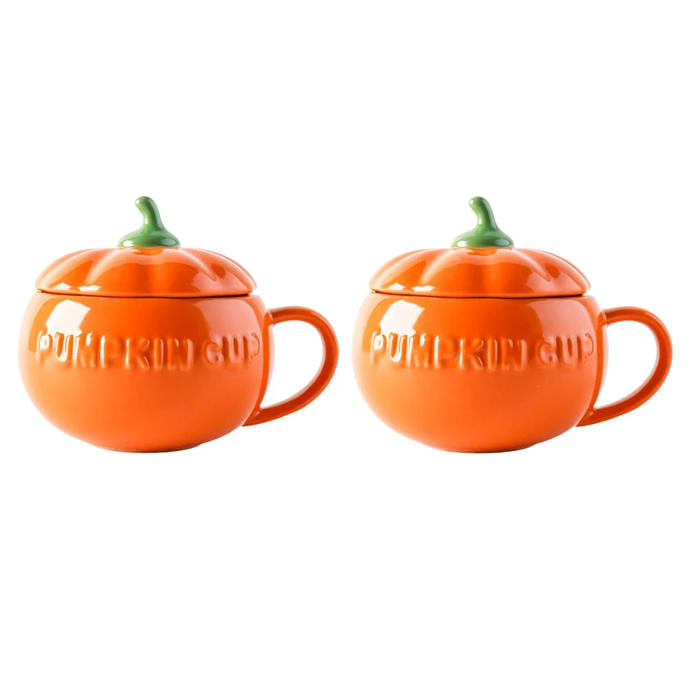 

2 Pcs Pumpkin Shape Ceramic Mugs With Covers Breakfast Mugs (Orange)