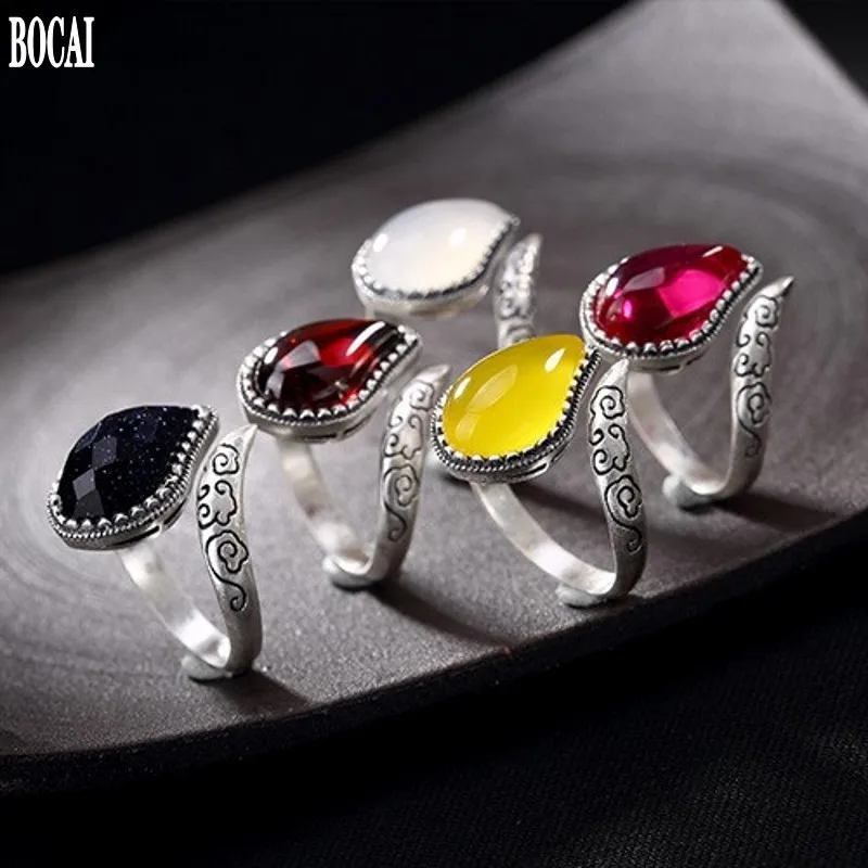 

New S990 pure silver garnet red corundum vintage auspicious clouds national style sterling silver woman rings