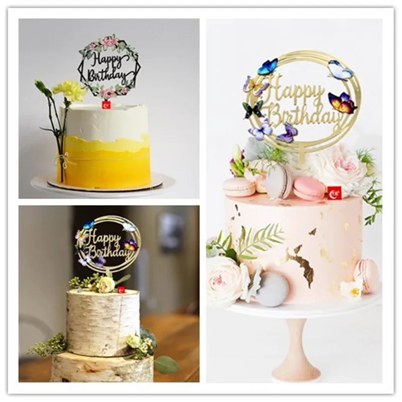 

Happy birthday Acrylic Cake Topper Golden Flower Butterfly Cake Topper Birthday Party Cake Decorations Dessert Supplie