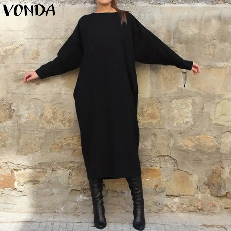 

VONDA 2021 Autumn Women Long Dress Fashion Round Neck Long Sleeve Shirt Dress Casual Midi Vestidos Robe Femme Oversized Sundress