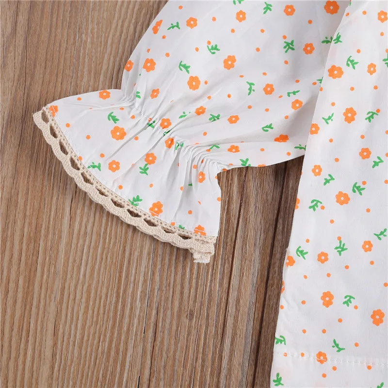 

Children Baby Girls 2PCS Outfit Set Girl's Ruffled Crew Neck Flower Leaf Shirt Printing Solid Button Overalls Sweet Clothes