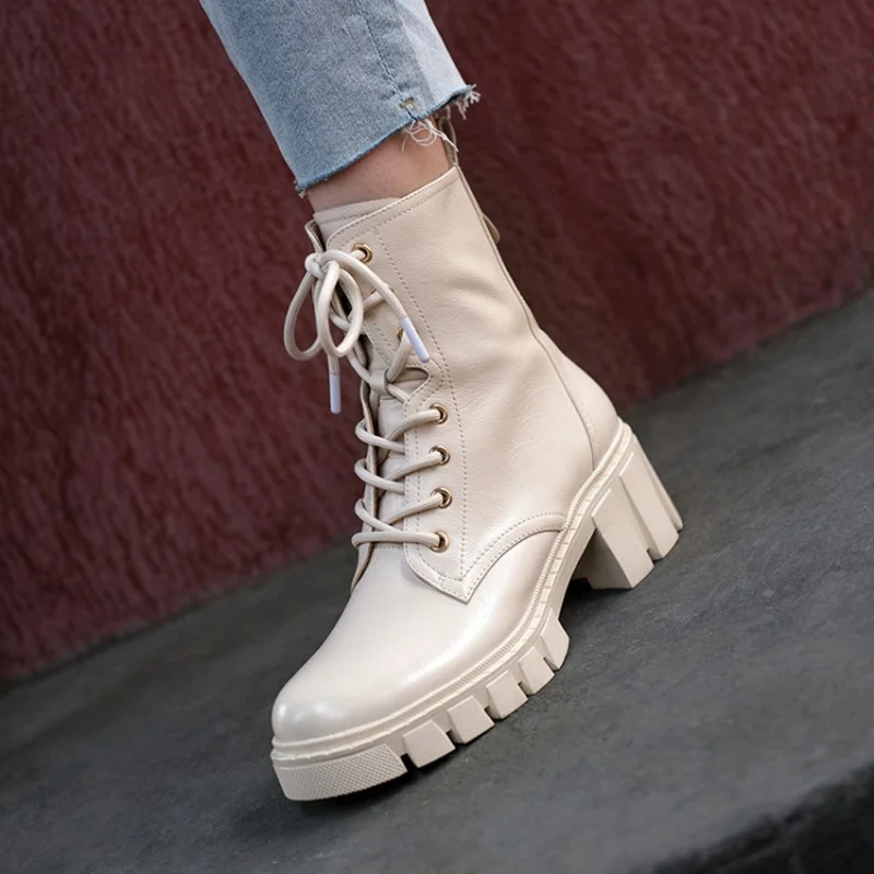 TAOFFEN Woman Short Boots Genuine Leather Thick Bottom Platform Ankle Cool Winter Shoes Footwear Size 34-39 | Обувь