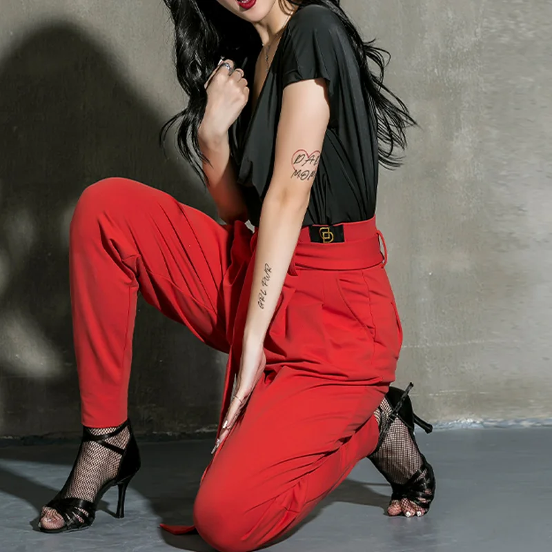 Женские топы и брюки для латиноамериканских танцев черная рубашка красные Танго