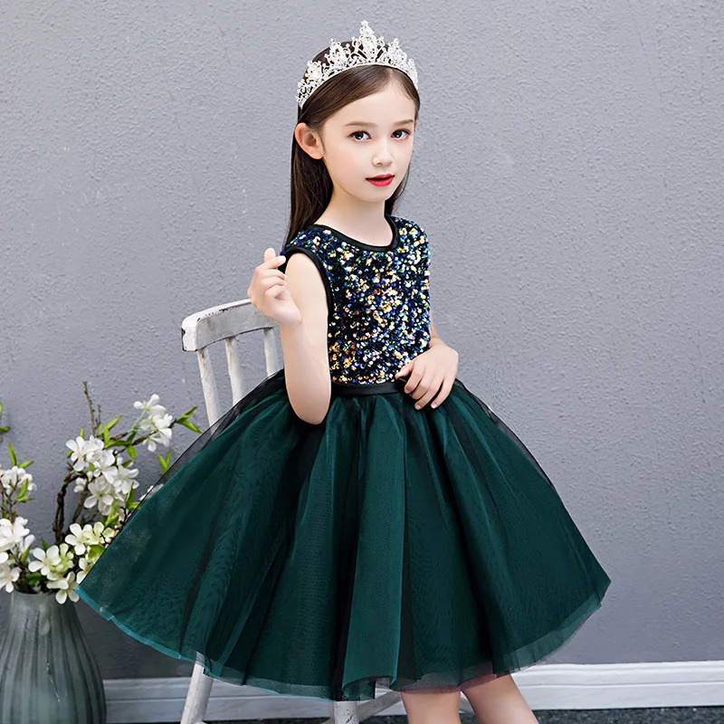 

Children Girls Noble Handmade Sequins Flowers Evening Party Birthday Baptism Costume Dress Teen Puffy Model Show Host Prom Dress