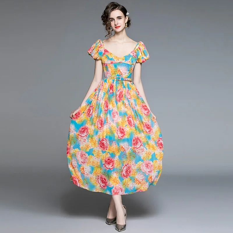 

V Neck Puff Sleeve Spaghetti Strap Dress 2021 Summer Women Flower Print Bohemain Draped Elegant Beach Maxi Dress With Belt