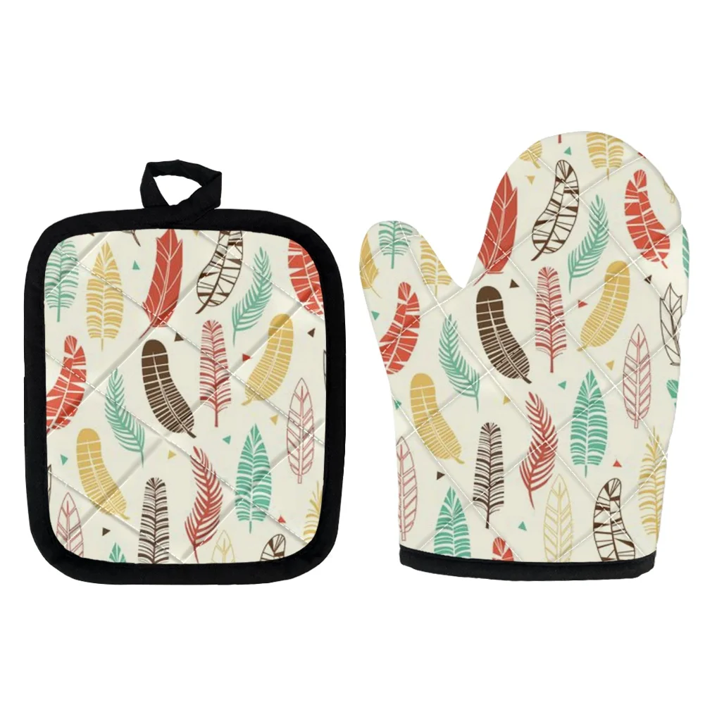 

Oven Gloves Pad Set Cartoon Feather Printing Non-slip Heatproof Mitten Home Kitchen Cooking Polyester Microwave Oven BBQ Mitt