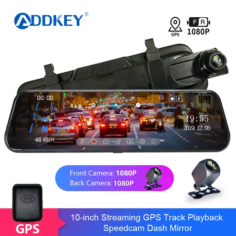 

ADDKEY 10" 1080P Car DVR Touch Screen stream media GPS Track Playback Time-lapse Video Recorder Rear view mirror Backup camera