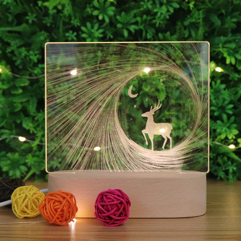 

Solid wood creative deer bedroom night light USB new 3D acrylic lamp