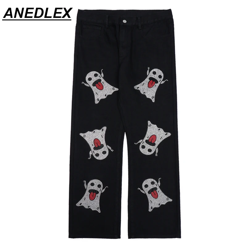 

2021 Men Women Hip Hop Streetwear Diamond Cartoon Ghost Denim Pants Fashion Casual Loose Jeans Street Wide-leg Pants Trousers
